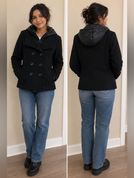 American Rag Jackets & Blazers - Black Double-Breasted Peacoat with Hood
